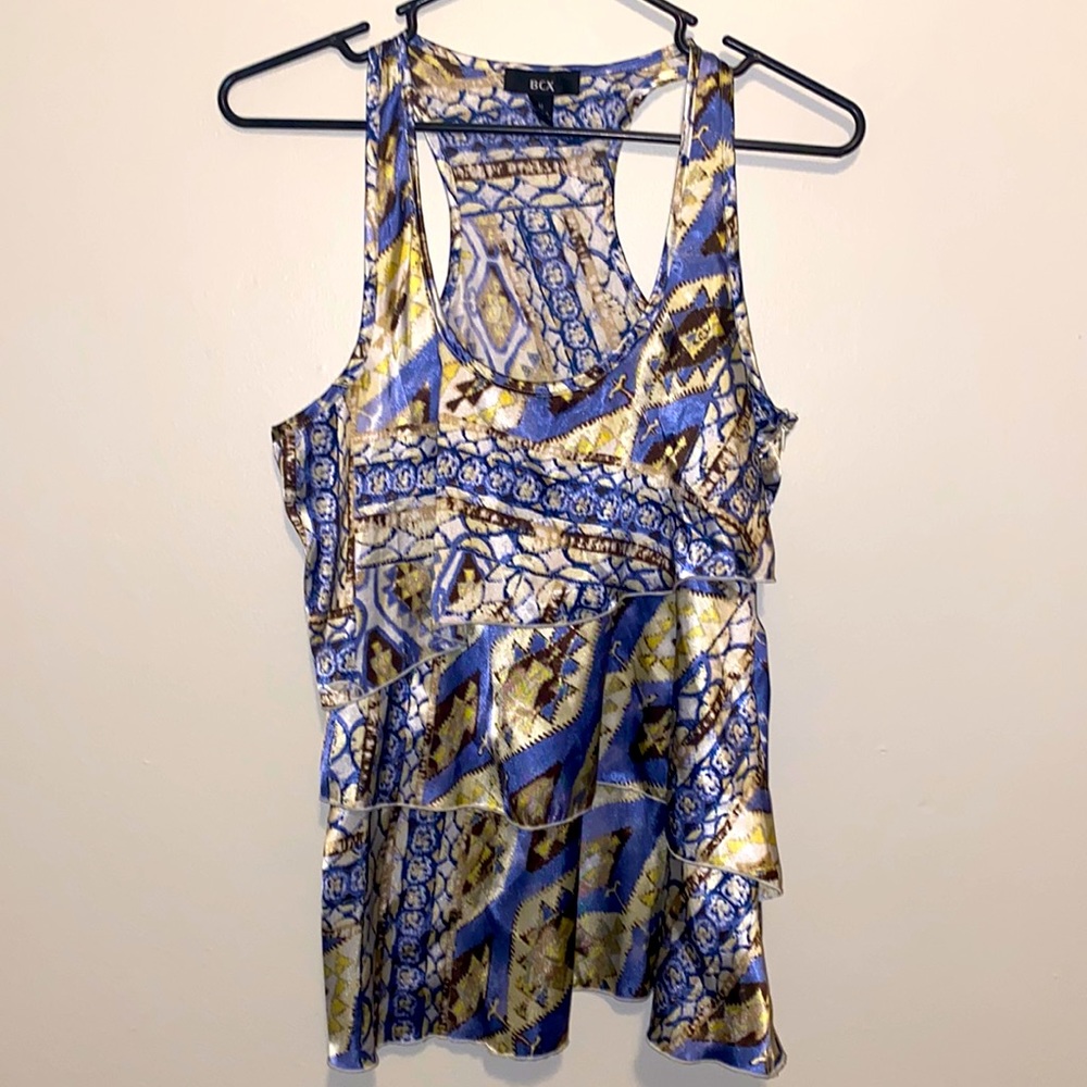 Medium BCX Blue Gold White Shiny Sleeveless Blouse with Zipper on Side
